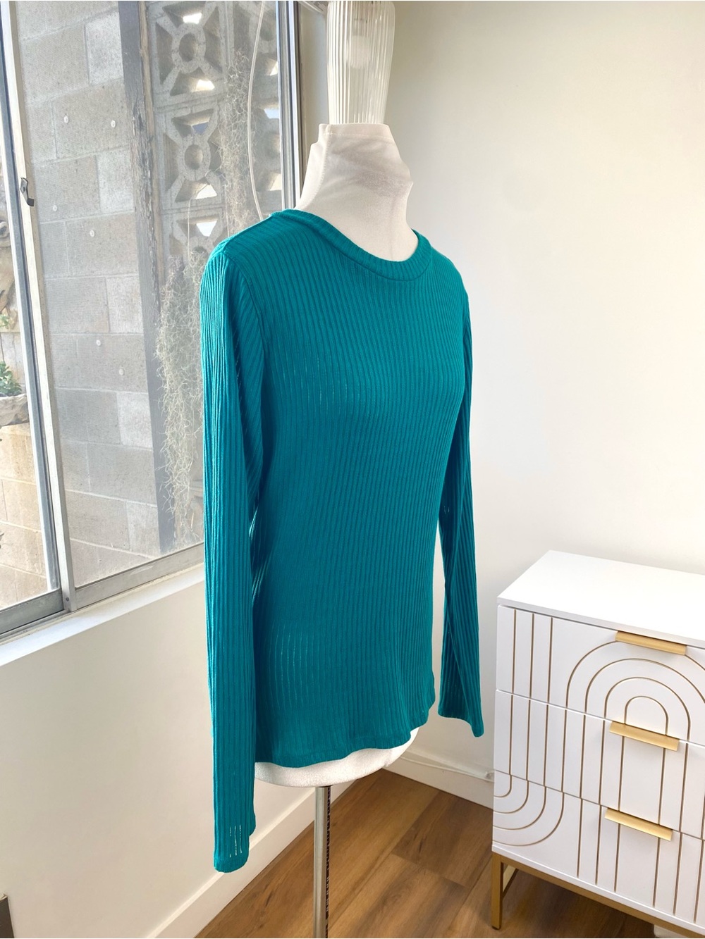 Anthropologie Ribbed Long Sleeve Sweater Knit Top in Teal, Size L - Picture 7 of 11